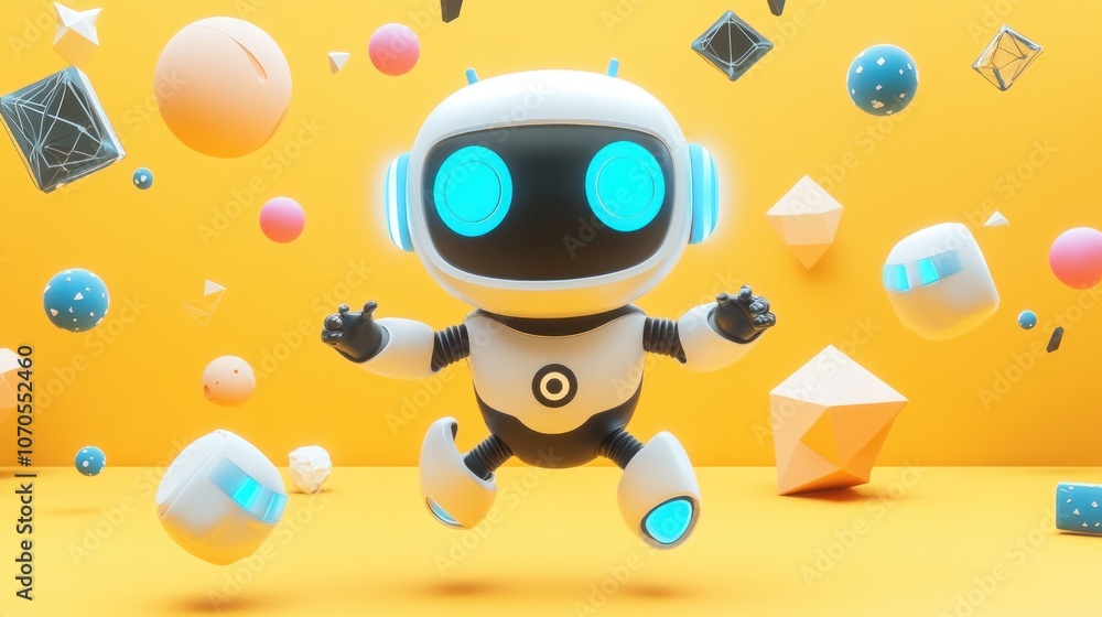 A cheerful robot surrounded by colorful geometric shapes on a vibrant yellow background. A cheerful robot surrounded by colorful geometric shapes on a vibrant yellow background.