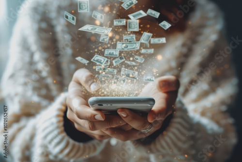 Someone holds a phone with a money counter sticking out of the screen. and very happy people.