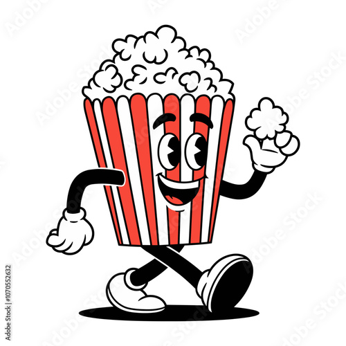 A cartoon retro character is walking in a red and white popcorn bucket