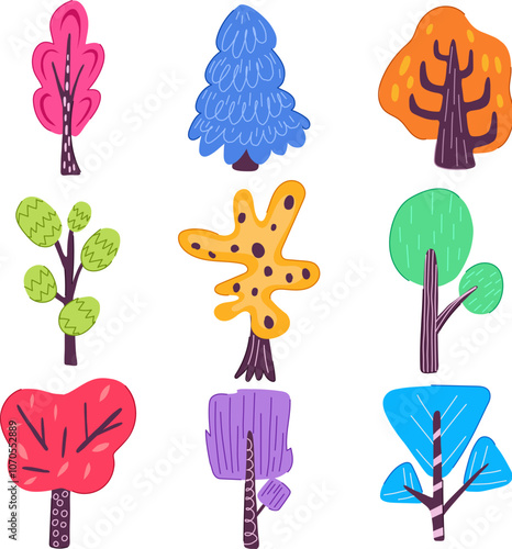 tree doodle flat set cartoon. leaf green, drawing creative, simple outline tree doodle flat sign. isolated symbol vector illustration