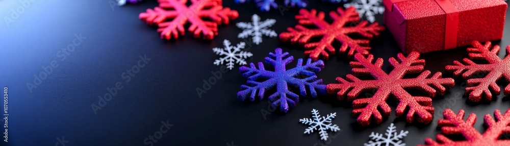 Red and blue snowflakes scattered on a dark surface with a vibrant gift box, creating a festive winter atmosphere. Red and blue snowflakes scattered on a dark surface with a vibrant gift box, creating a festive winter atmosphere.