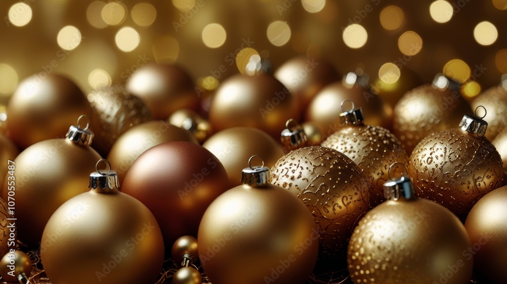 Fototapeta premium Festive Christmas scene with golden baubles and soft amber lighting on a dark background