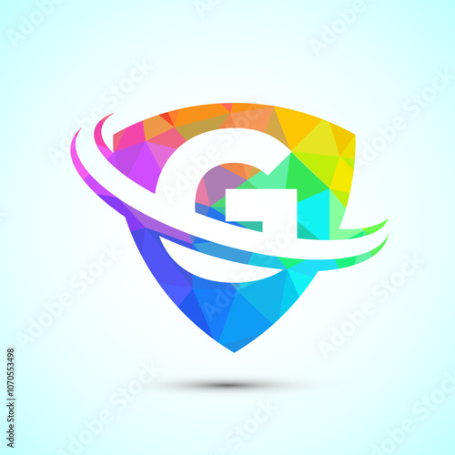 English alphabet G with shield and swoosh. Creative modern logo design low poly style