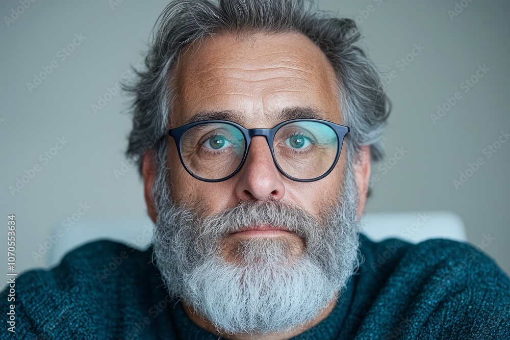 A thoughtful man with glasses and a gray beard reflecting in a modern workspace A thoughtful man with glasses and a gray beard reflecting in a modern workspace