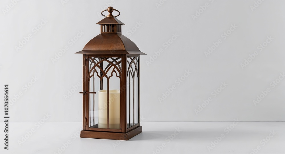 Bronze lantern with Gothic arches on plain white background Bronze lantern with Gothic arches on plain white background