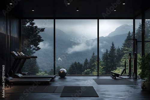 Modern home gym with a mountain view.