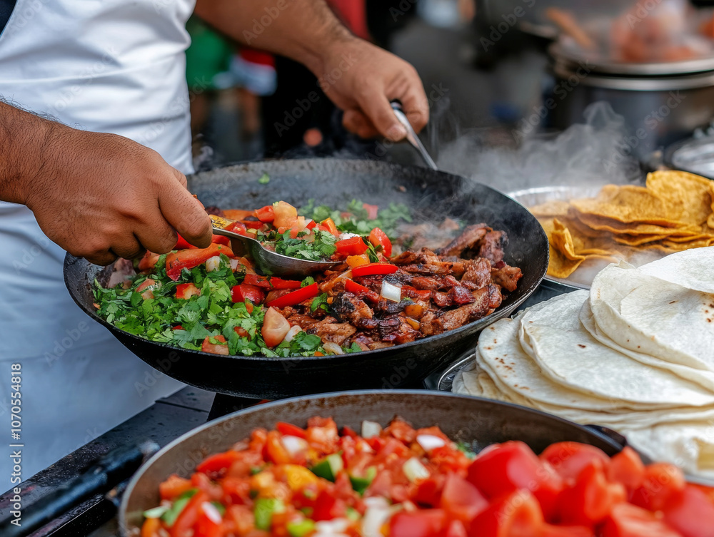 A close-up of a traditional Latin American dish being served at a street fair, showcasing the flavors and colors of Hispanic cuisine. A close-up of a traditional Latin American dish being served at a street fair, showcasing the flavors and colors of Hispanic cuisine.