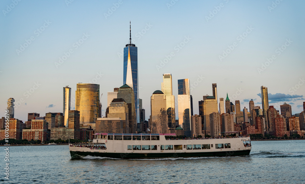Manhattan with NY city skyline. Cityscape of NYC Manhattan. Skyscraper cityscape of downtown city of New York, Manhattan. Manhattan cityscape with skyscraper architecture. Touristic ferry Manhattan with NY city skyline. Cityscape of NYC Manhattan. Skyscraper cityscape of downtown city of New York, Manhattan. Manhattan cityscape with skyscraper architecture. Touristic ferry