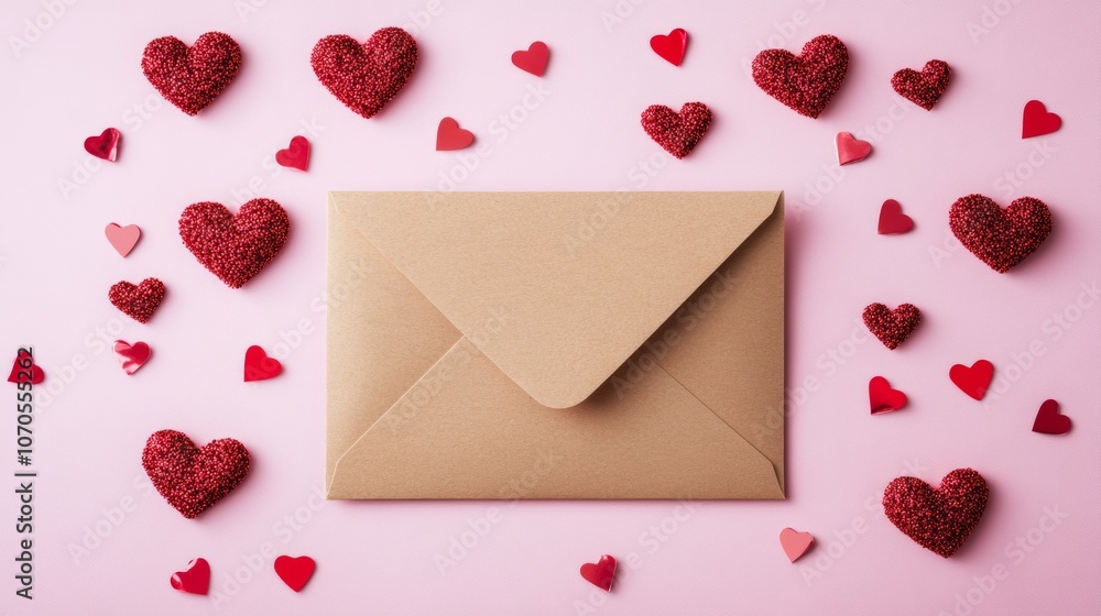 blank letter next to an envelope on a pink background with hearts. valentine's day concept blank letter next to an envelope on a pink background with hearts. valentine's day concept