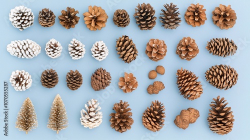 Christmas flat lay with natural pine branches, gold-colored pinecones, and rustic holiday decorations on a blue backdrop.