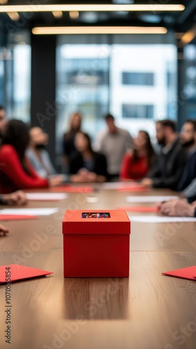 Wallpaper Mural Team collaborates during a strategic meeting featuring a unique red presentation box on the conference table Torontodigital.ca