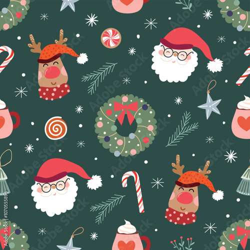 Christmas decorative seamless pattern with Santa, reindeer and winter wreath, seasonal background