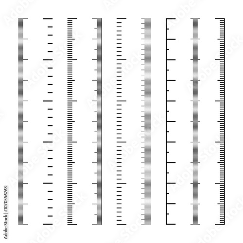 Vertical measurement scales with divisions. Realistic scale for measuring length or height in centimeters, millimeters or inches. Ruler, tape measure marks, size indicators. Vector illustration