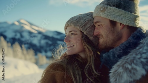 Couple Smiles at Snowy Mountain View