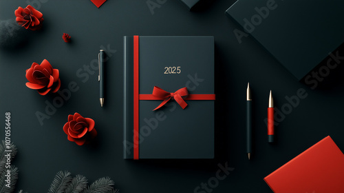 A sophisticated 2025 planner wrapped with a red ribbon, complemented by minimalist floral accents and gold details, creating a stylish, festive New Year's theme on a dark background. photo