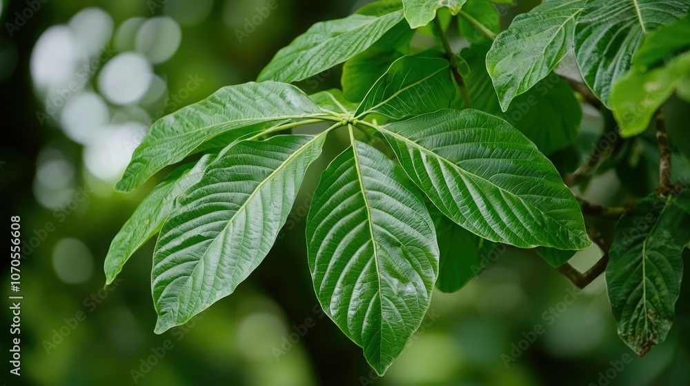 Close-up of green leaves with visible veins on a tree branch. Close-up of green leaves with visible veins on a tree branch.
