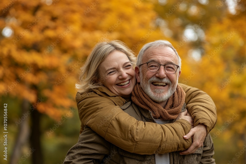 Joyful senior couple embracing amidst vibrant autumn leaves Joyful senior couple embracing amidst vibrant autumn leaves