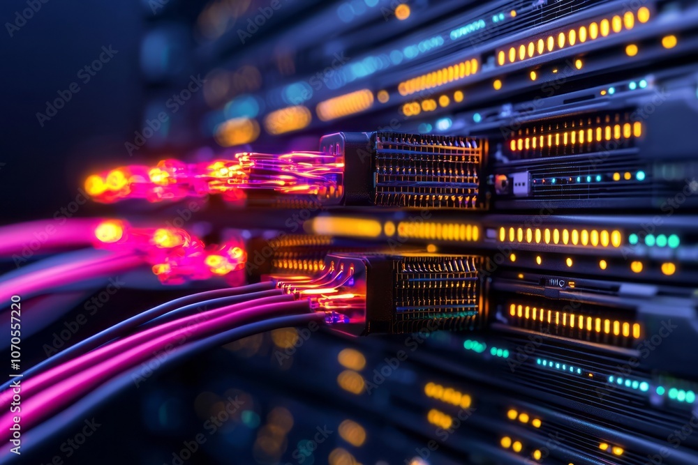 Naklejka premium Network cables glow brightly while connecting servers in a dimly lit data center setting