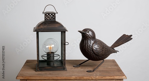 Iron bird lantern with vintage touch on plain white background photo