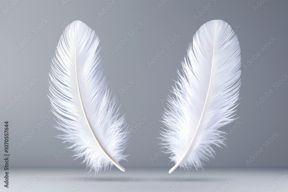 Soft white feathers gracefully positioned against a smooth gray background Soft white feathers gracefully positioned against a smooth gray background