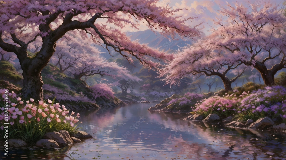 Fototapeta premium Beautiful hd 8k wallpaper background cherry blossom pink sakura garden wallpaper backdrop lake landscape view vibrant color