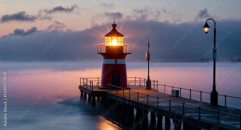 Lighthouse lantern glowing on a pier surrounded by mist Lighthouse lantern glowing on a pier surrounded by mist
