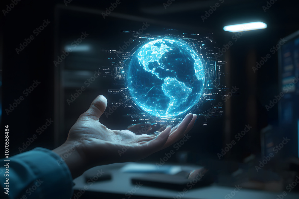 Human hold and point glow earth hologram. information and technology concept
Human hold and point glow earth hologram. information and technology concept