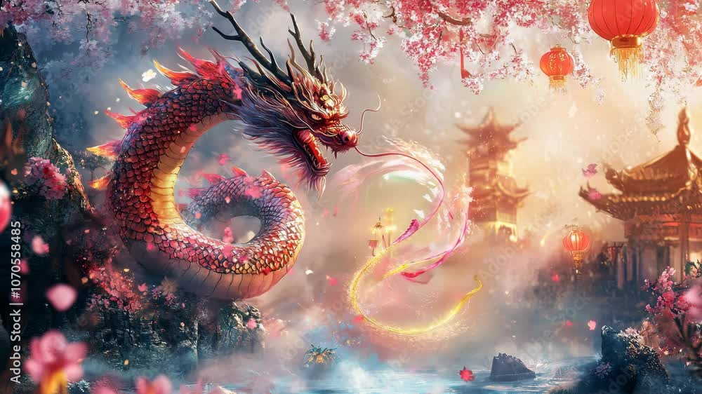 A red dragon is swimming in a river with cherry blossoms in the background A red dragon is swimming in a river with cherry blossoms in the background
