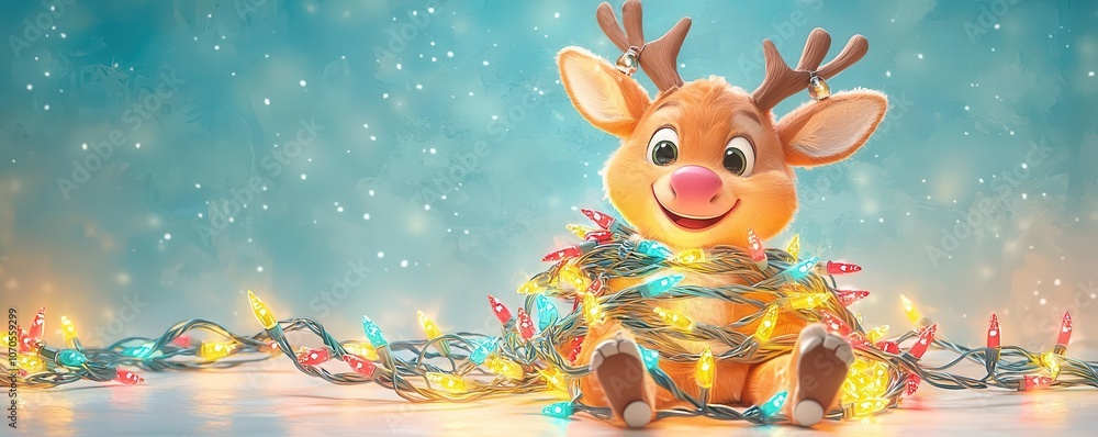 Playful reindeer wrapping itself in Christmas lights, tangled and smiling, festive and whimsical Playful reindeer wrapping itself in Christmas lights, tangled and smiling, festive and whimsical