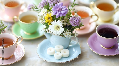 Soothing afternoon tea display showcasing pastel crockery with teacups and saucers elegantly arranged around a fresh floral centerpiece photo