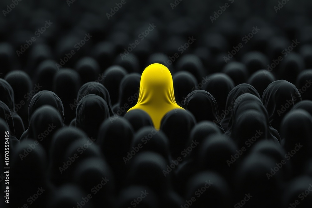 Fototapeta premium A yellow figure stands out among a sea of black cloaked individuals in a dark setting