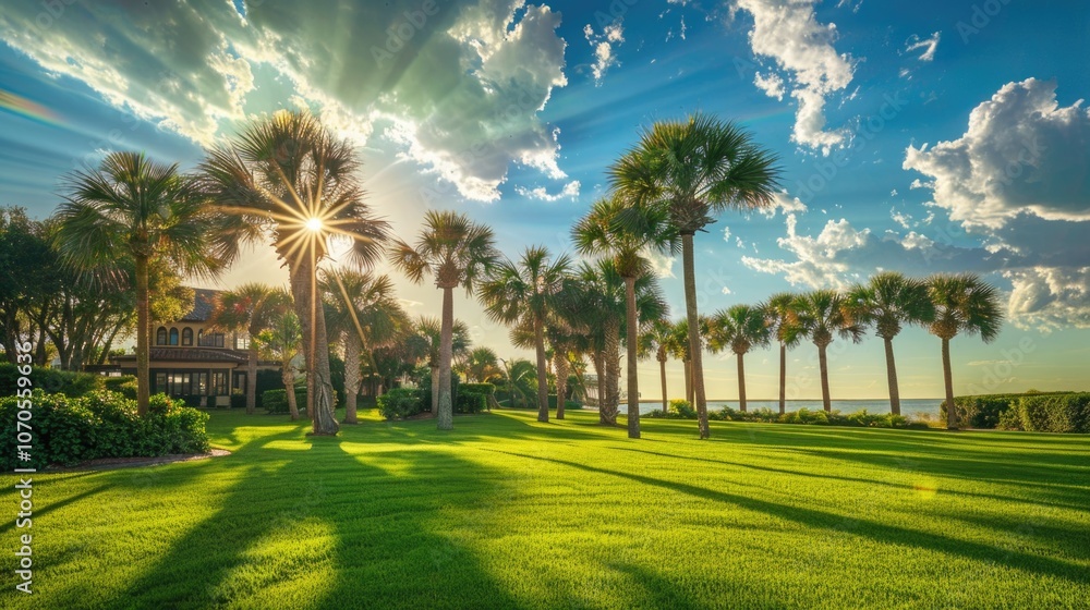 Home With Palm Trees. Tropical Landscape with Palm Trees, Green Grass, and Blue Sky Home With Palm Trees. Tropical Landscape with Palm Trees, Green Grass, and Blue Sky
