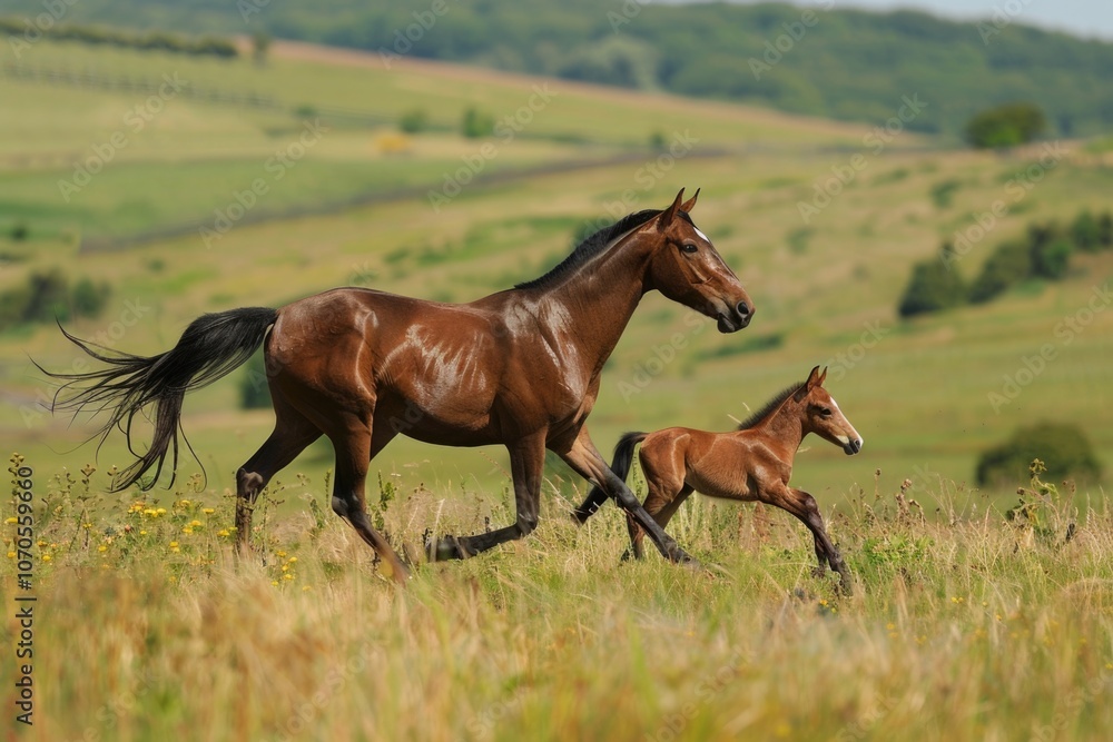 Fototapeta premium Horse And Foal - A Beautiful Spring Day in the Meadow
