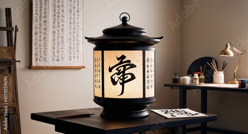 Scroll lantern with calligraphy designs in an artist s studio photo