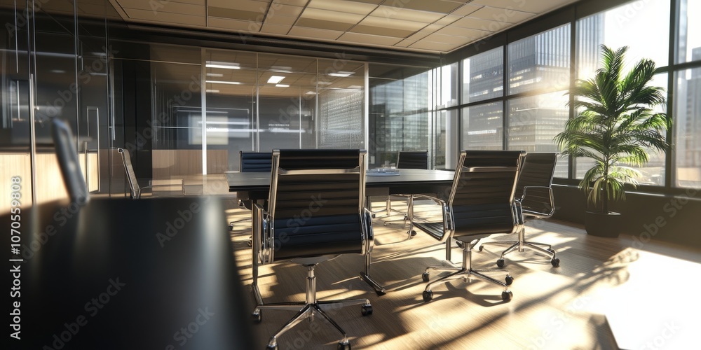 The office has a stylish, modern look with clean lines on the ceiling and glass walls. The conference room is bright and has dark chairs. The office has a stylish, modern look with clean lines on the ceiling and glass walls. The conference room is bright and has dark chairs.