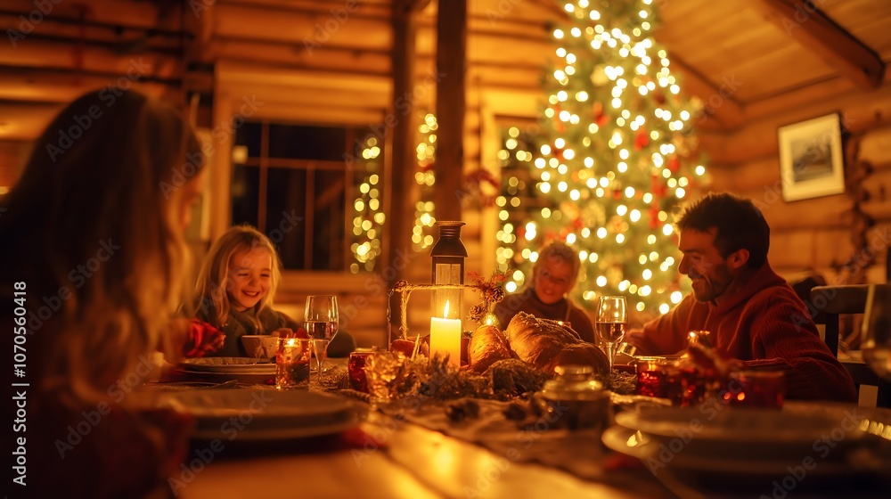 Family Christmas Dinner in Cozy Log Cabin Family Christmas Dinner in Cozy Log Cabin