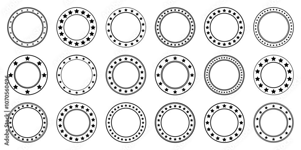 Stars of various sizes arranged in a circle. Round frame, border. Black star shape, simple symbol. Vintage logo, logotype design element, ornament. Vector illustration Stars of various sizes arranged in a circle. Round frame, border. Black star shape, simple symbol. Vintage logo, logotype design element, ornament. Vector illustration