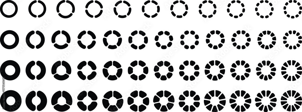 Pie charts set. Black circular pie chart set. Infographic element round shape. Circle diagram collection. Circle icons for infographic. Vector illustration Pie charts set. Black circular pie chart set. Infographic element round shape. Circle diagram collection. Circle icons for infographic. Vector illustration