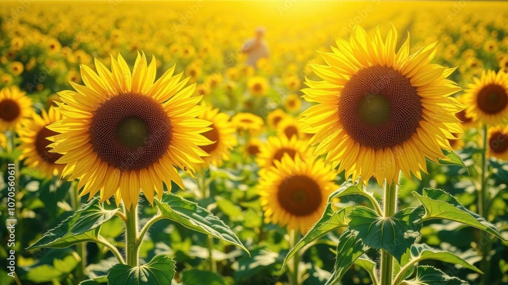 Fototapeta premium Bright sunflower field with vibrant yellow flowers glowing in the sunlight, growth, garden