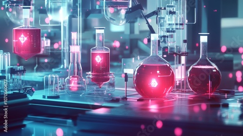 Visuals showing labs, scientists working with chemical compounds, or AI simulating drug interactions.