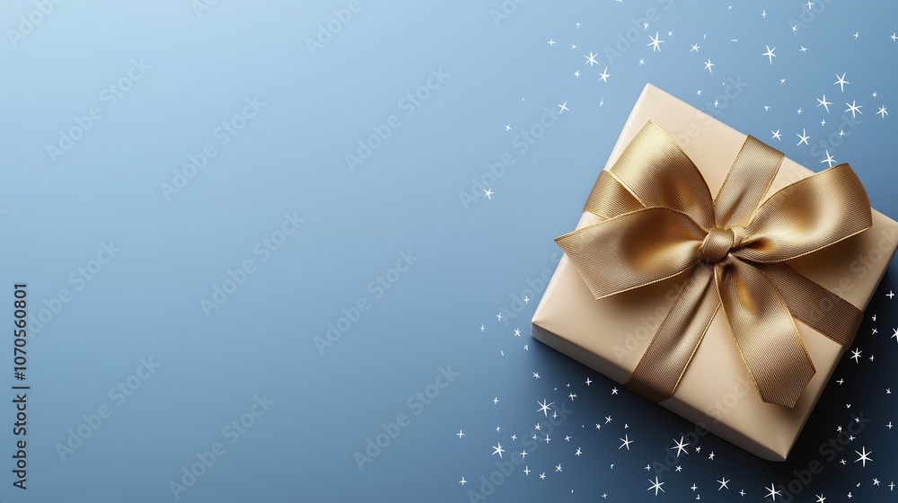 Gold wrapped box with a bow on top sits on a blue background. The box is the focal point of the image, and the blue background serves as a neutral and calming backdrop Gold wrapped box with a bow on top sits on a blue background. The box is the focal point of the image, and the blue background serves as a neutral and calming backdrop