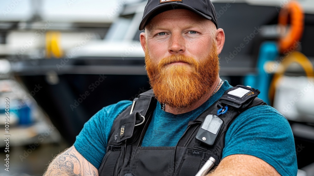 A bearded man in a work vest poses confidently at a marina, surrounded by boats on a sunny day A bearded man in a work vest poses confidently at a marina, surrounded by boats on a sunny day