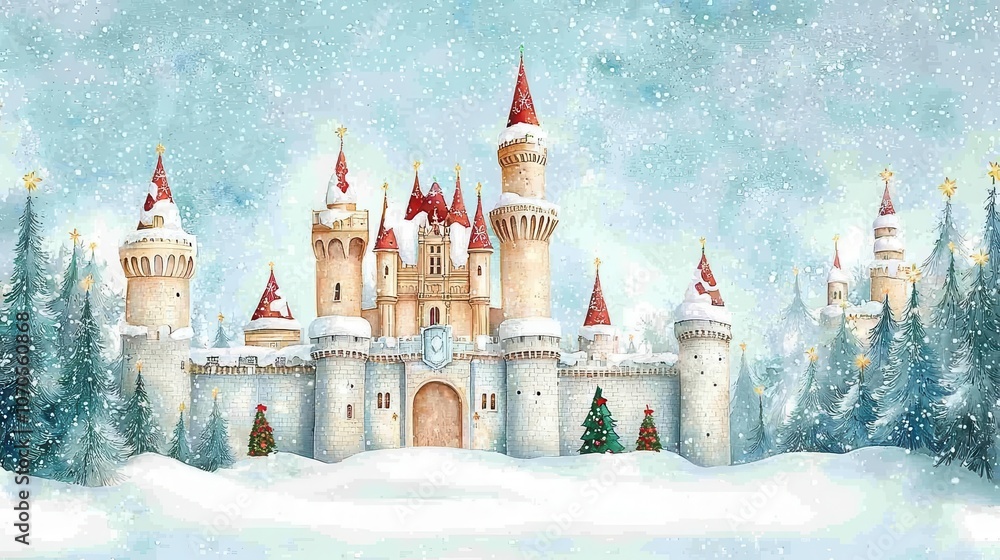 Obraz premium Enchanted Christmas castle surrounded by sparkling snow and fairy lights, whimsical wonderland