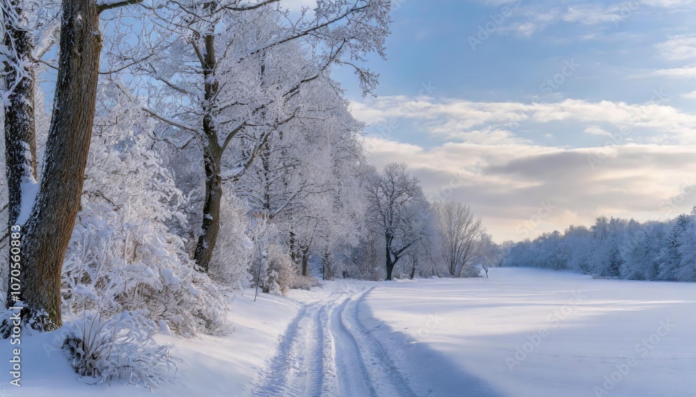 A winter landscape with snow-covered trees and a clear path under a cloudy sky. A winter landscape with snow-covered trees and a clear path under a cloudy sky.