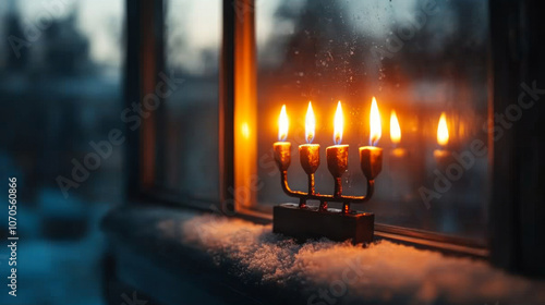 A menorah glowing in the window of a warm home on a snowy night, as the family inside celebrates the Festival of Lights. photo