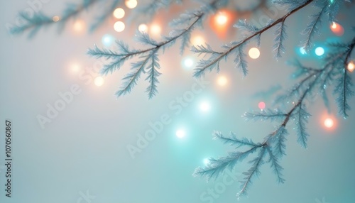 Christmas tree branches with snow on blured background with lights. AI generated