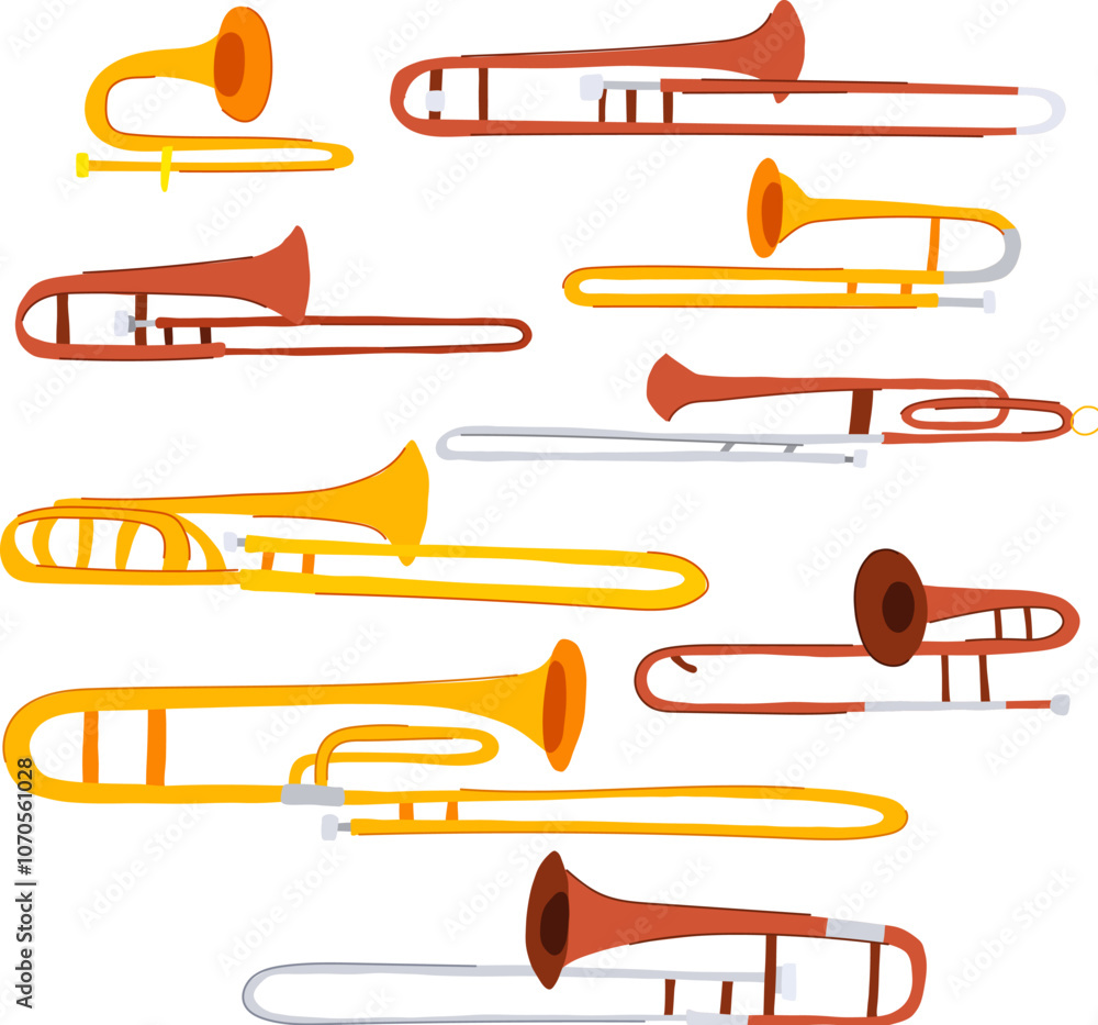 trombone set cartoon. jazz music, instrument band, sound musician trombone sign. isolated symbol vector illustration trombone set cartoon. jazz music, instrument band, sound musician trombone sign. isolated symbol vector illustration