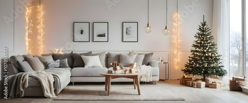 Christmas Scandinavian minimalist living room interior with white decor. AI generated
