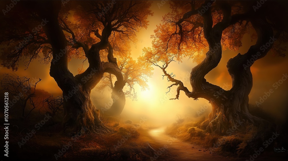 Fototapeta premium Forest scene with two trees in the foreground and two trees in the background. The trees are tall and have a lot of branches. The sun is shining through the trees, creating a warm
