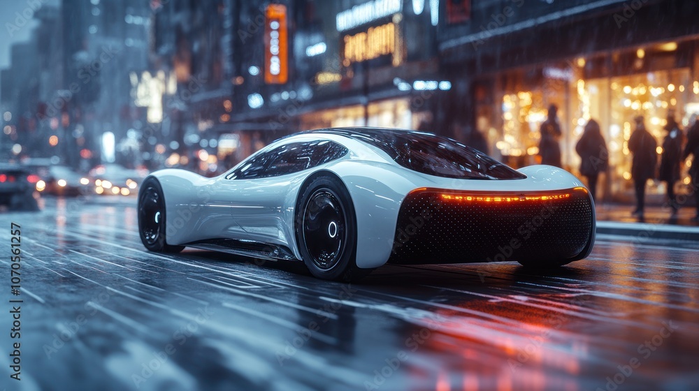 Fototapeta premium Futuristic car in a rainy urban setting at night.